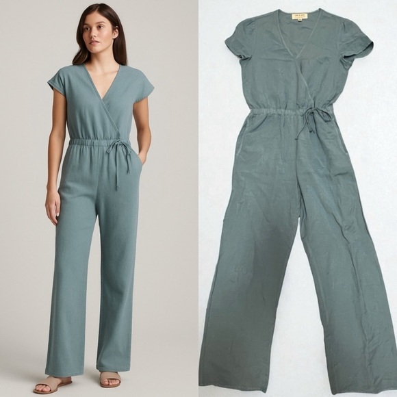 Cloth & Stone Pants - Cloth & Stone Anthropologie Linen Blend Jumpsuit Blue Wrap Short Sleeve Size M